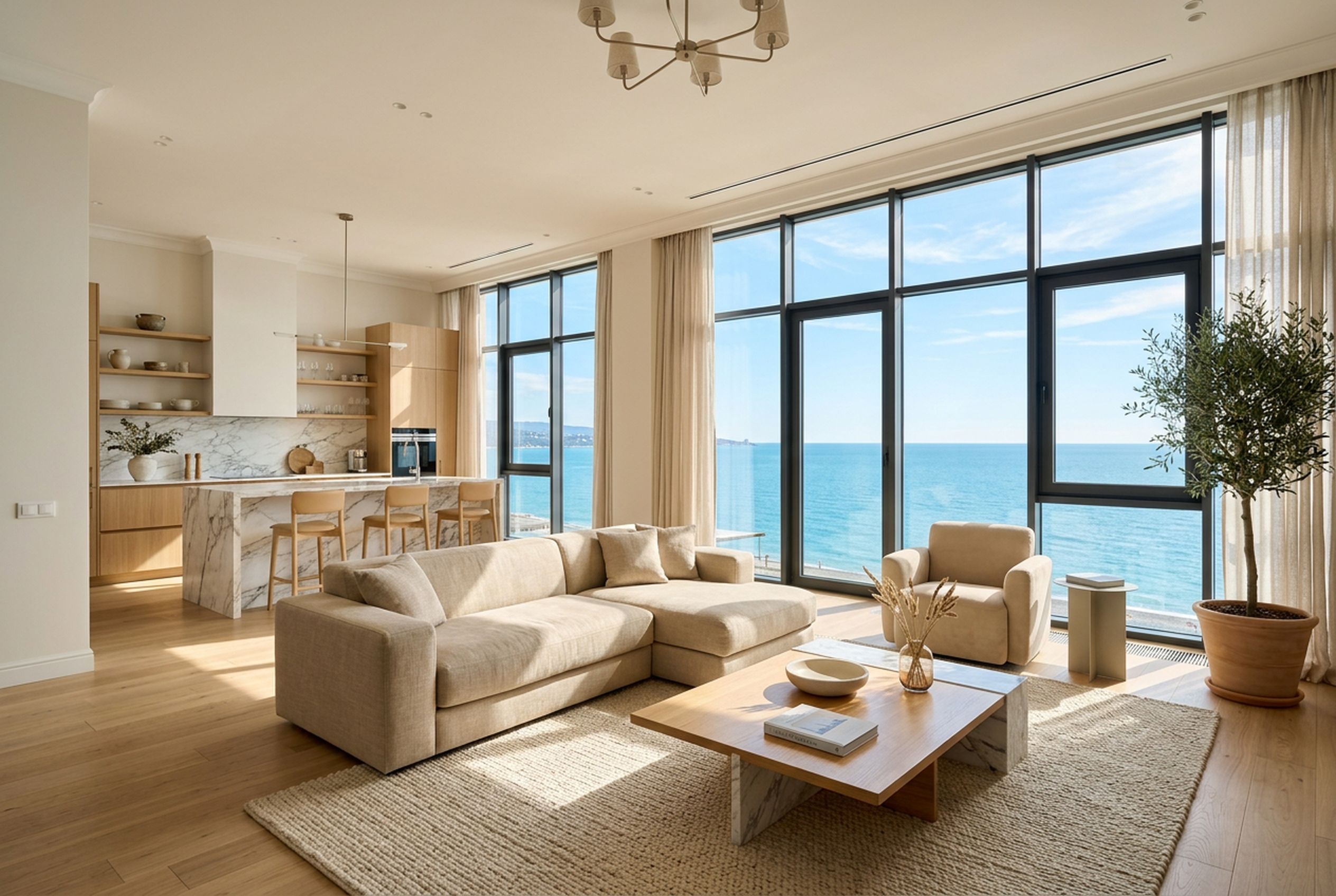Светлая гостиная с панорамным видом на море